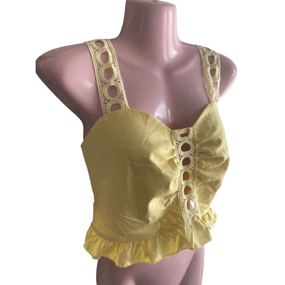 SheIn Crop Tank Top Womens Large Yellow Lace Strap Ruffle Tie Back Boho Summer